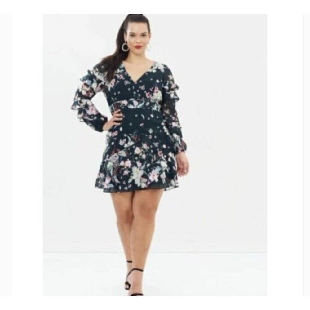 Cooper St CURVY Titania Long Sleeve Mini Dress Size 16 Floral Ruffled‎ Sleeves